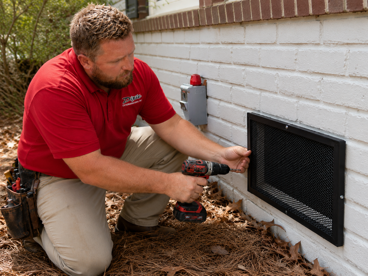 Dixie wildlife exclusion technician sealing a home against rodents